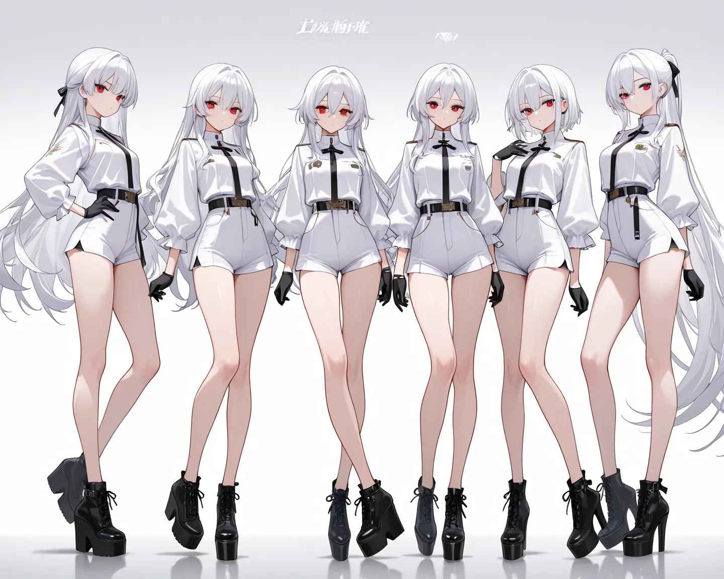 4girls, full body front, slim body, very long legs, bare legs, white hair, red eyes, white shirts, white shorts, black gloves, black platform shoes