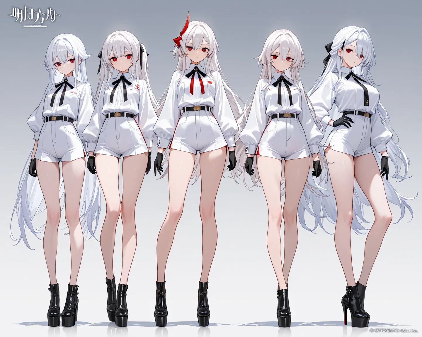 4girls, full body front, slim body, very long legs, bare legs, white hair, red eyes, white shirts, white shorts, black gloves, black platform shoes