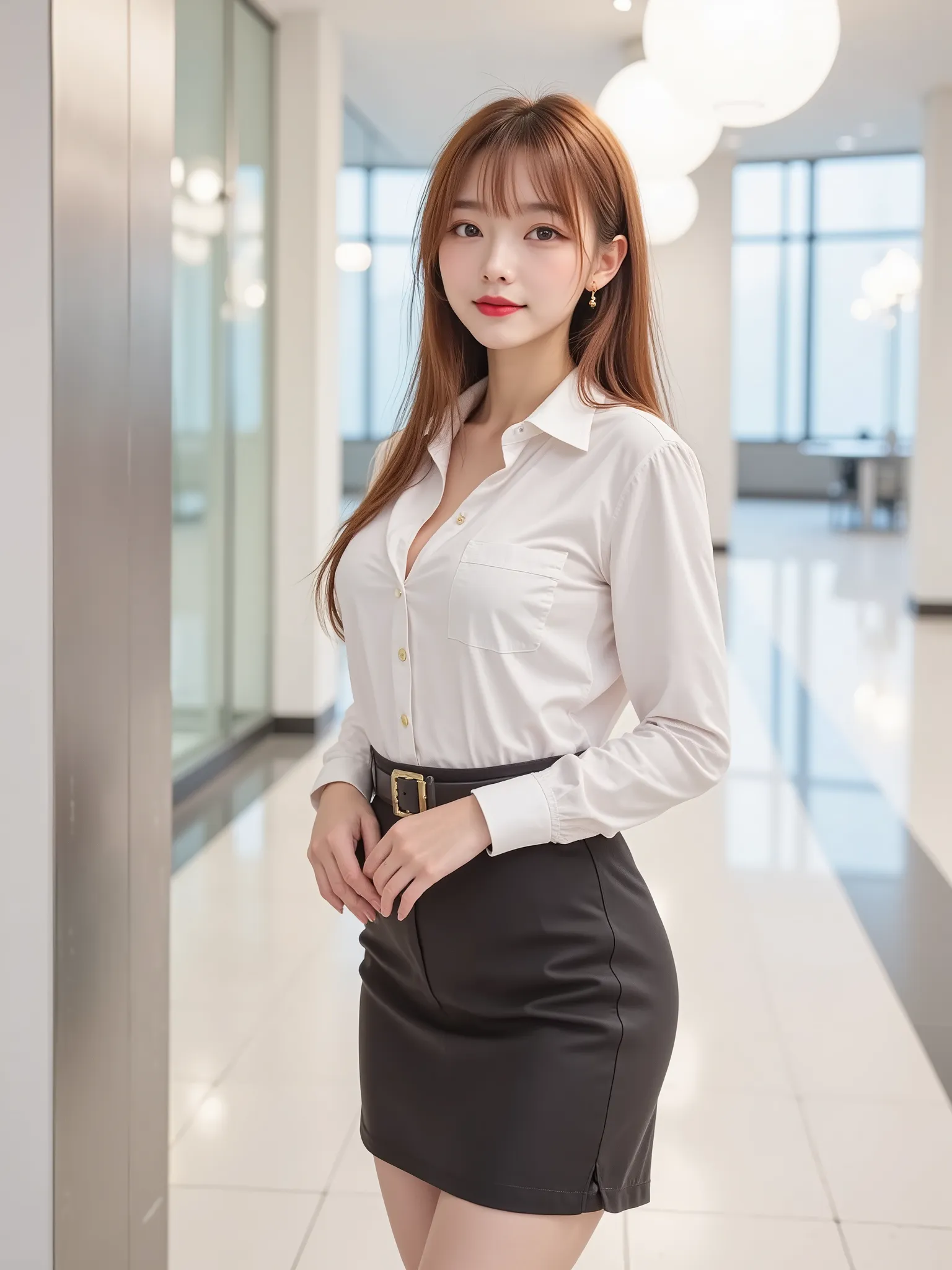 ((Medium Shot, Realistic Cinematic, 4K High Resolution))

A stunning Thai female university student, 20 to 21 years old, stands confidently in front of a sleek office building at night. Warm interior lights cast a soft glow on her fair, rosy skin, highligh...