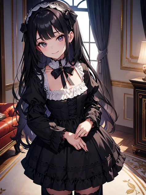 A beautiful girl is standing in a luxurious room,, looking at the viewer, creepy smile,Gothic Lolita,flat chest,( long black hair ),high image quality