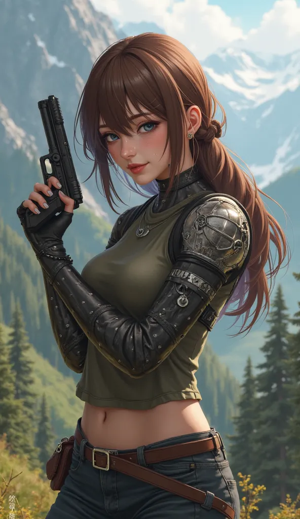 Brown-haired girl with a bionic arm, holding a pistol, posing while pointing at the camera, with a mountainous forest in the background.