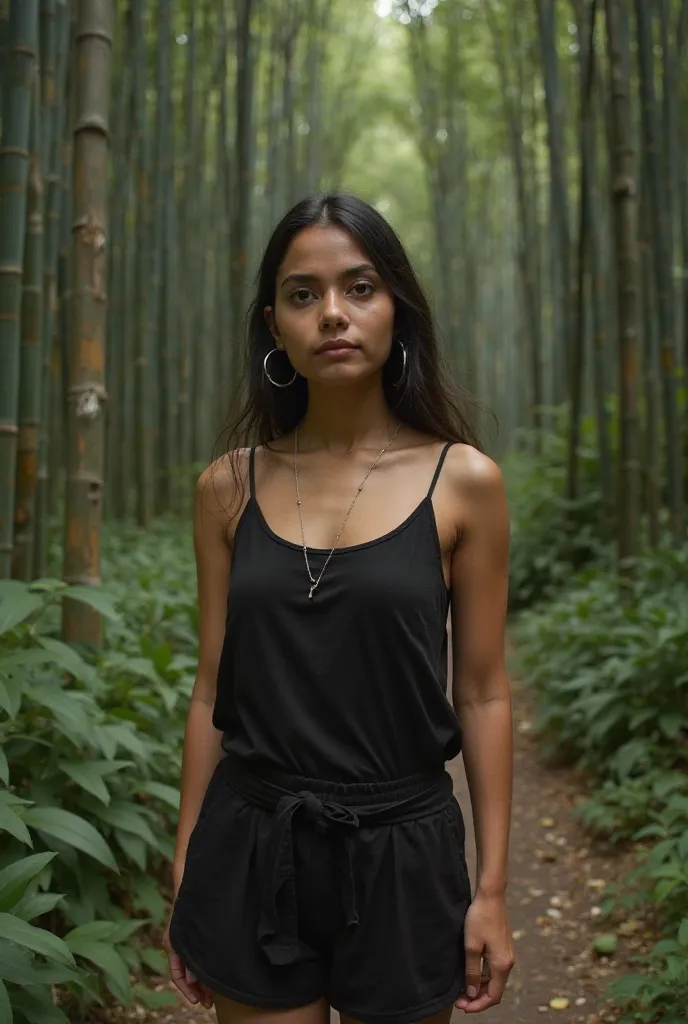 araffe woman in a black dress standing in front of a bamboo forest, a picture by Shekhar Gurera, instagram, sumatraism, in a bamboo forest, wearing a camisole and shorts, standing in a botanical garden, in jungle, in jungle forest, in front of a forest bac...