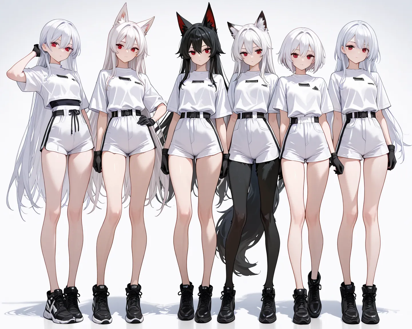 4girls, full body front, slim body, very long legs, bare legs, white hair, red eyes, white shirts, white shorts, black gloves, black fur shoes