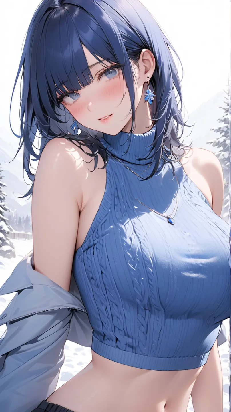 8K resolution, masterpiece, master work, perfect proportion, semi-realistic, 1 woman, cold blue, mad blue hair, big breasts, breasts apart:1.2, extreme close-up, drunk, knit turtleneck formal sweater, no face, snow earring, embarrassed, 