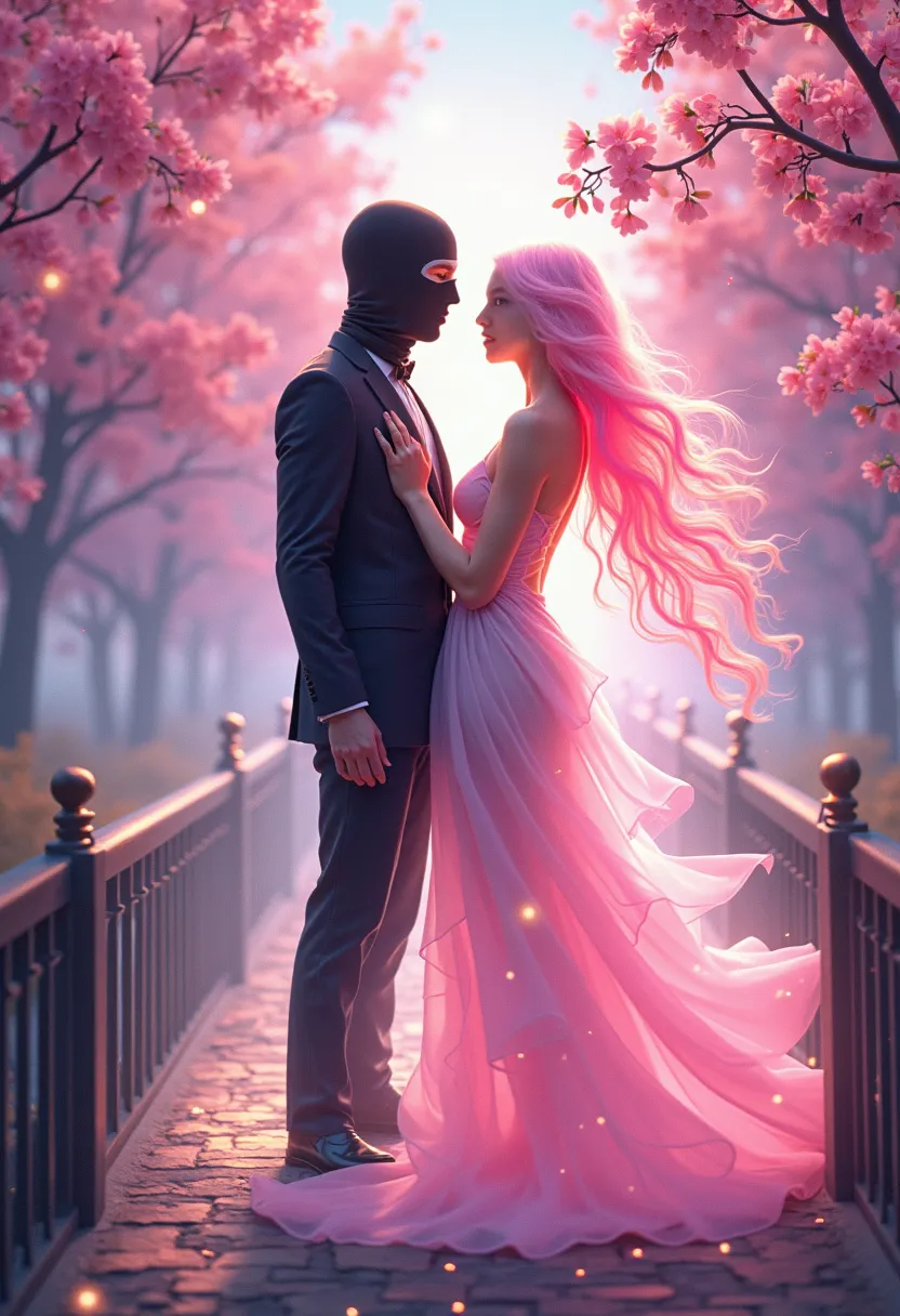 Beautiful wedding scene, two characters, both standing, full body view, bridge is surrounded by swirling pink smoke that blends seamlessly with her hair, upper and downer body is uncovering((Surrounding the body, luminous neural pathways and abstract, puls...