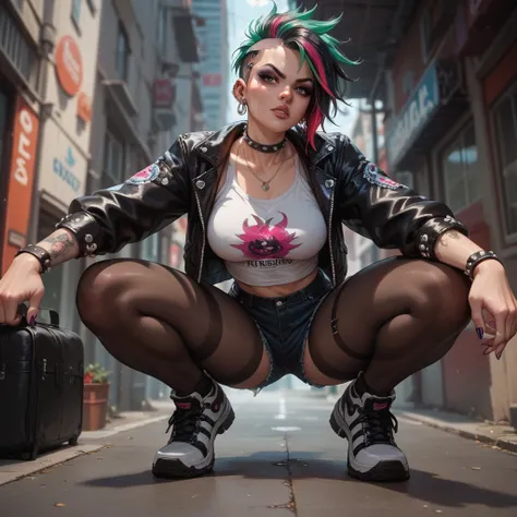 punk　girls　squatting　 get down on one knee 　Challenging　Picture seen from an oblique front　Turn your gaze to the viewer　Brush up your hair with your right hand