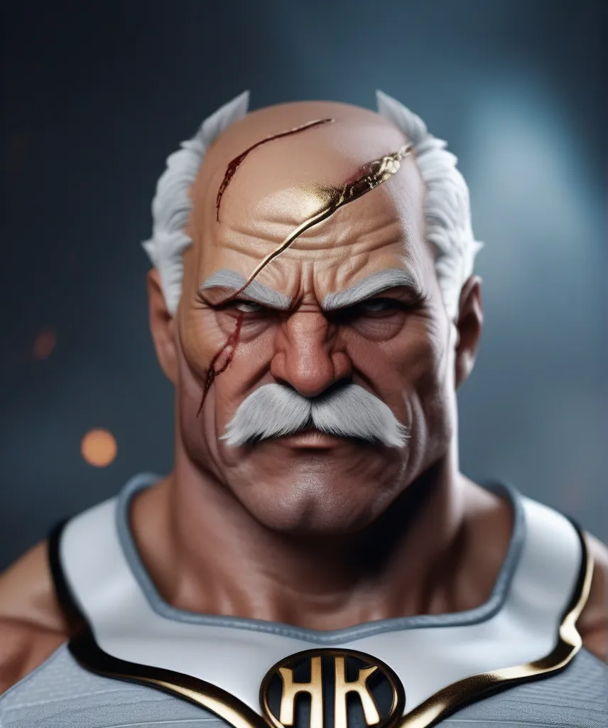 cinematic photo cinematic photo a very muscular old man in a white bodysuit, moustache, big scar on the head, detailed skin, angry, rage, golden gauntlet right hand, blood splashes, clenched fists, left eye is white . 35mm photograph, film, bokeh, professi...