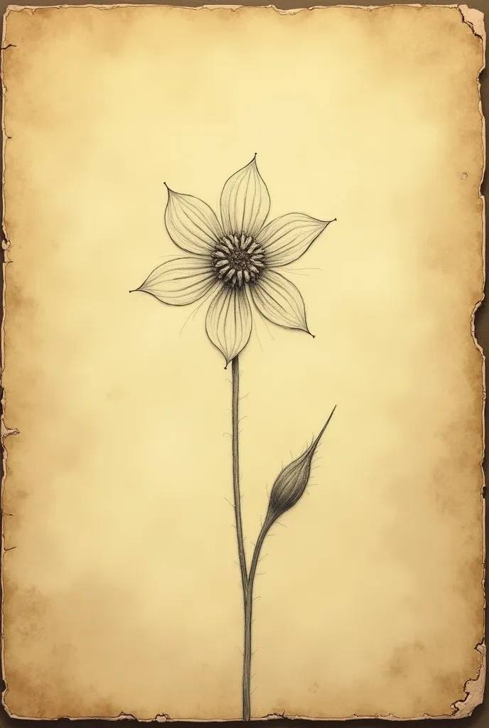 A yellowed notebook sheet, with a flower drawn in pencil, Realistic