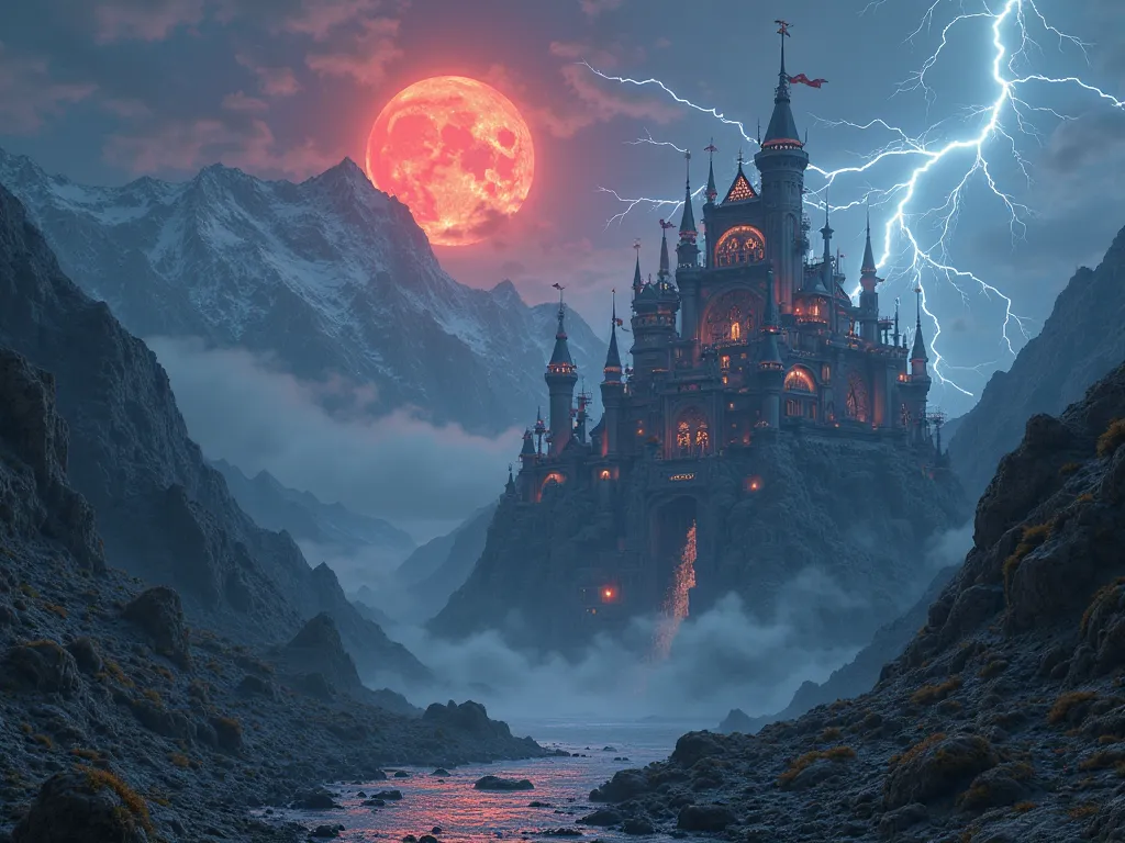 Mountain landscape, a medieval steampunk castle in the background, clear night, lightning falling on the ground, a red moon.