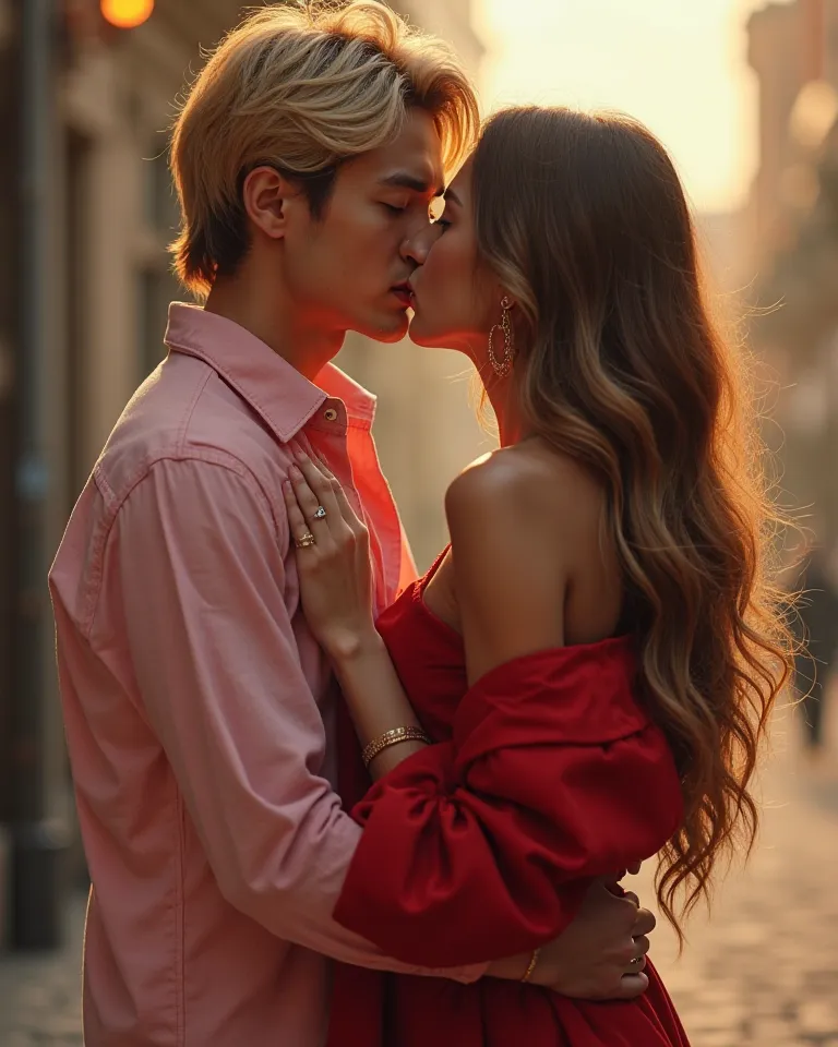 A couple kissing. Blond-haired Korean idol man, Brazilian woman with brown skin and long brown hair with blonde tips. The man is wearing a pink shirt, The woman is wearing a red coat.