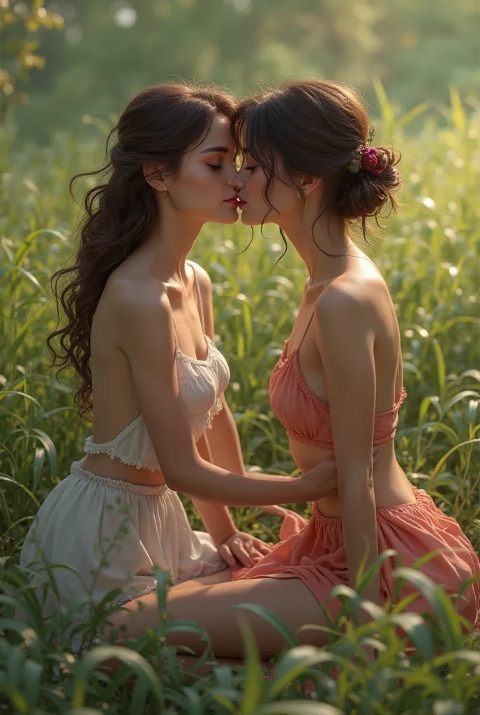 Two young women sitting on the grass, one kisses the cheek of the other, short dress tight to the body 