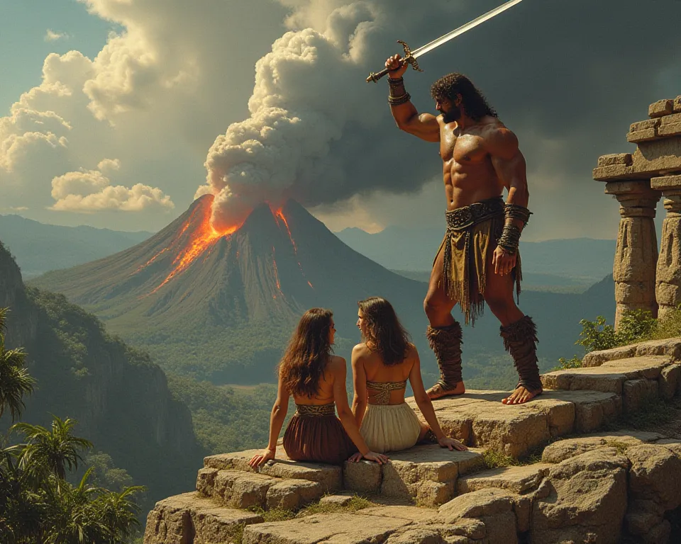 "An 80s realistic image, super sharp photo inspired by Conan the Barbarian, featuring a golden dark brown exegeratedly large hugely muscular body barbarian with large chest standing triumphantly on a rocky outcrop, raising a large sword high into the sky. ...