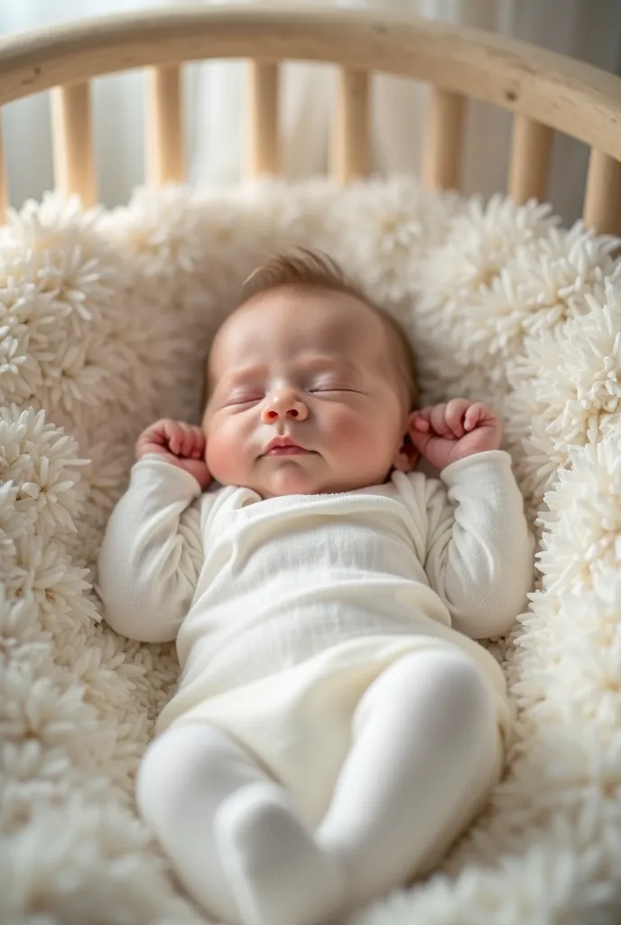 Cute baby boy lying in a crib wearing a white tiptop and white socks 