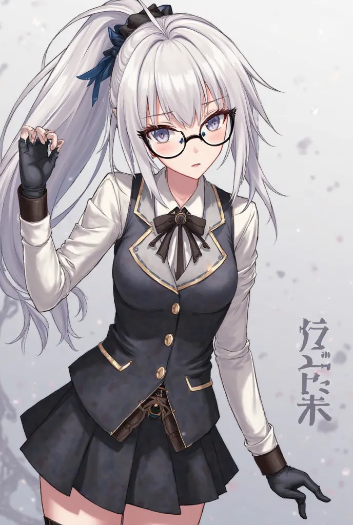 A girl with white long pony hair Black/White suit vest with gloves
Grey Eepy sad Eyes
Black oni horns
Low thin round glasses black
Mini black skirt
Knitted arm warmers very white and meeting Raiden Shogun at inazuma in Genshin Inpast  anime Vershion 
