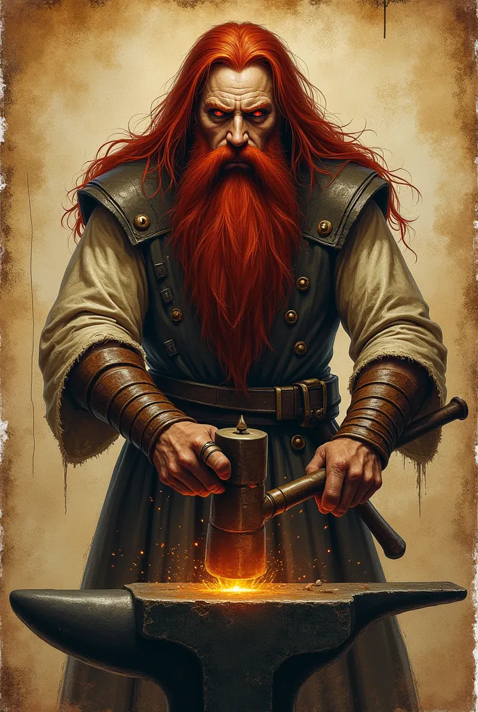 A human-looking deity with fair skin and dull red eyes, long dark red hair and a large dark red beard in a medieval diary sketch style, dressed in a worn blacksmith's suit, holding a hammer while hitting an anvil.    
 ancient scroll effect on the backgrou...