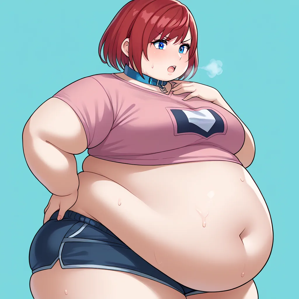 score_9, score_8_arriba,   source  _anime, highly detailed, 1 girl, Alone ,
, 1 girl(big fat body), big belly, Alone , blue eyes, joyería, , collar, short hair, red hair, pink t-shirt,  short black shorts,  half body,
exterior, hand on the hip,  out of bre...