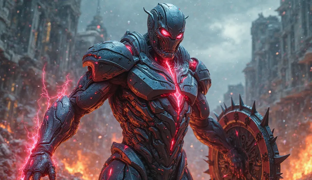 "Create a high-quality 4K image of a terrifying hybrid superhero, merging features of a futuristic armored warrior and a battle-hardened super soldier into one monstrous entity. The fusion has a heavily armored body, with glowing red and blue energy lines ...