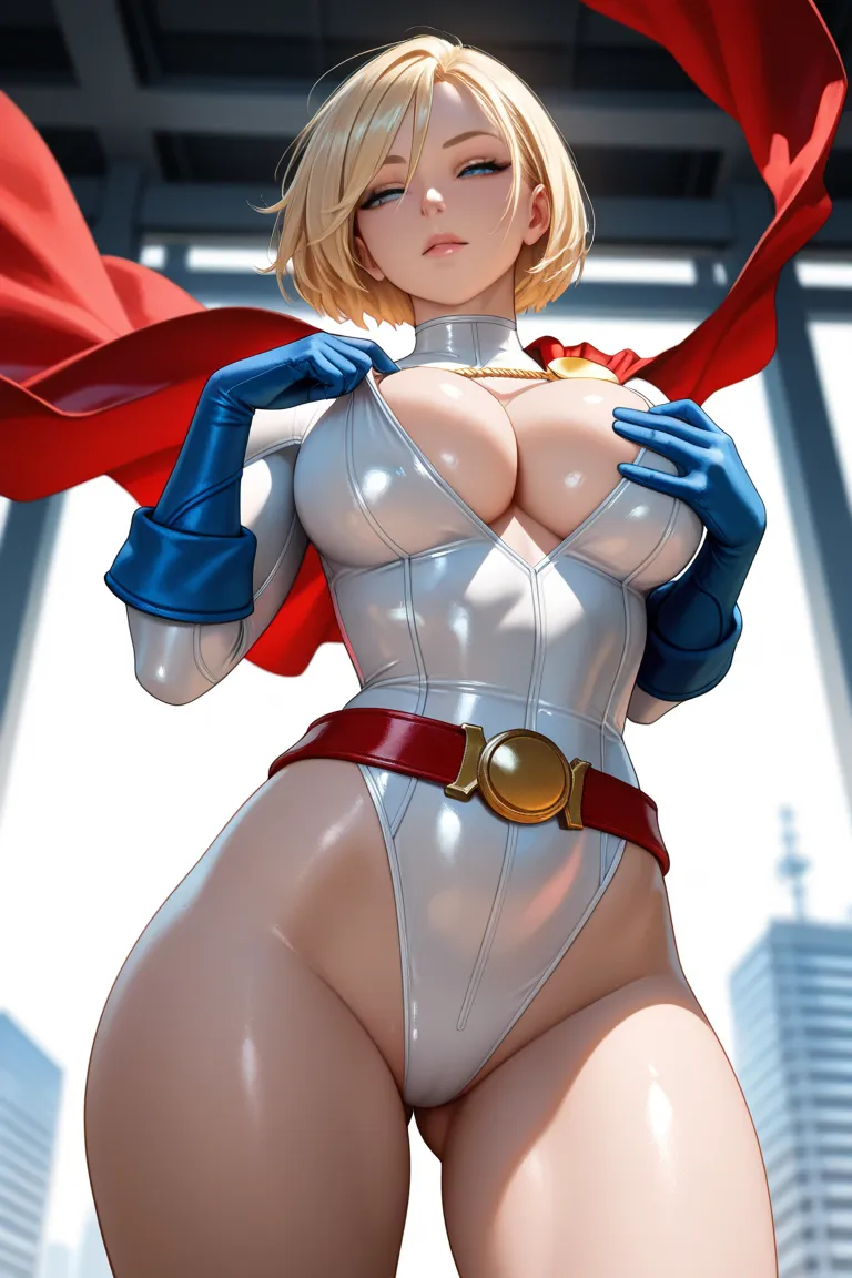 masterpiece, best quality, vibrant, very aesthetic, high contrast, semirealistic, newest, anime,1girl, POWER GIRL, solo, platinum blonde, bob cut, shiny blue eyes, cleavage, white highleg extreme transparent leotard, red belt, blue gloves, red cape, (neon ...