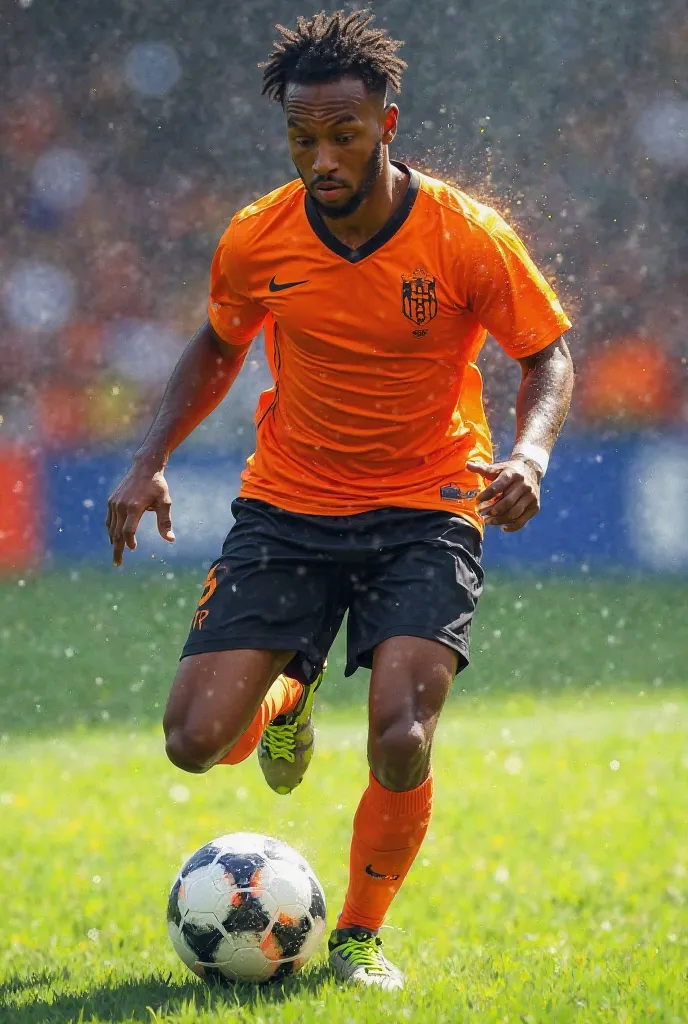 Soccer player in orange uniform and black shorts 