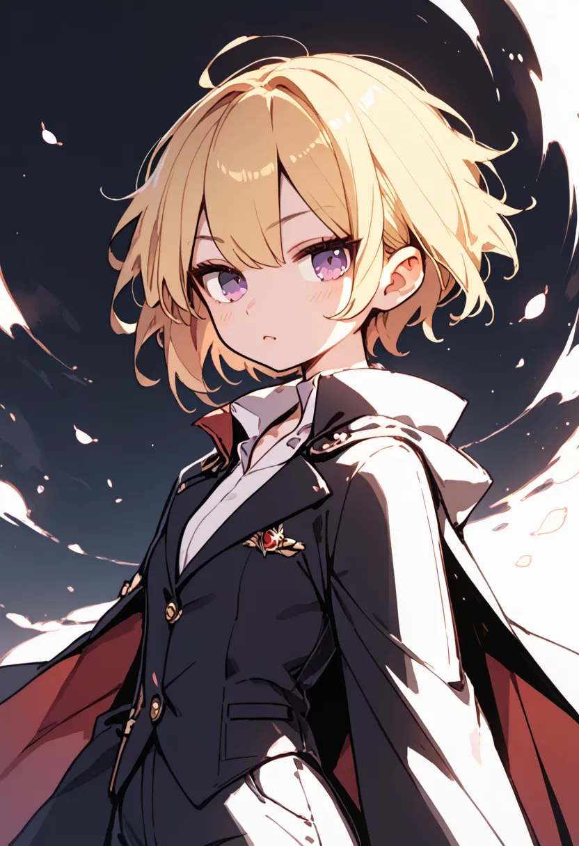 yellow blonde hair, purple eyes, short hair, suit, cape, vampire