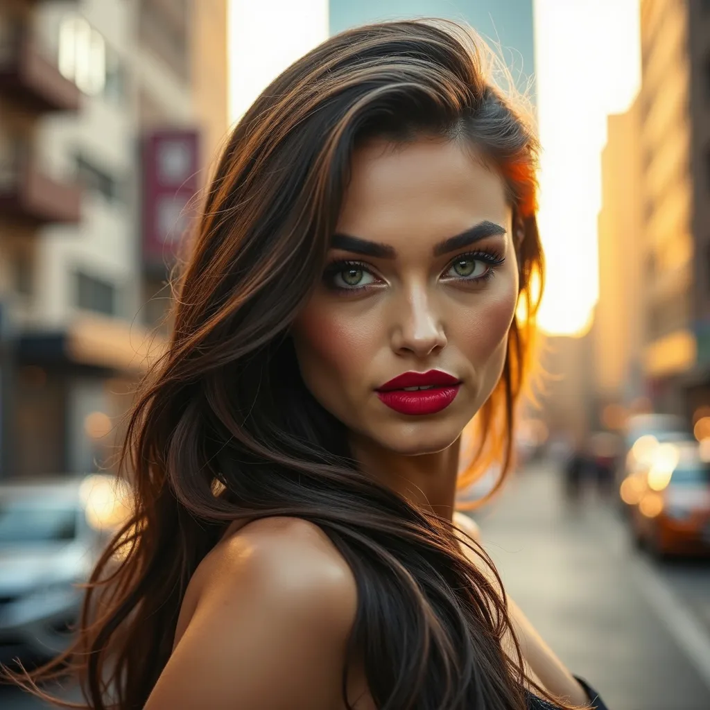 The image is a photograph of a woman with long dark hair,  full lips and green eyes .  she is wearing red lipstick . create an image from this, In which the setting is that of a party 