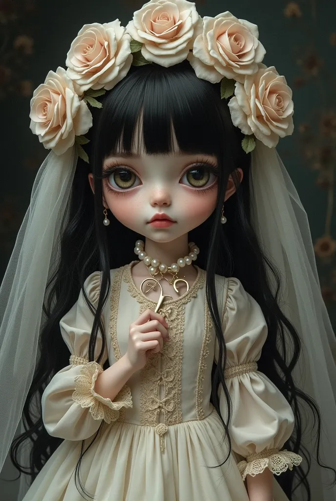 ‏ create a mysterious dark cartoonish art style combining vintage aesthetics and eerie beauty. The figures should have the innocence of porcelain dolls with slightly exaggerated proportions, reminiscent of Lolita fashion, yet there’s a haunting aspect. Inc...