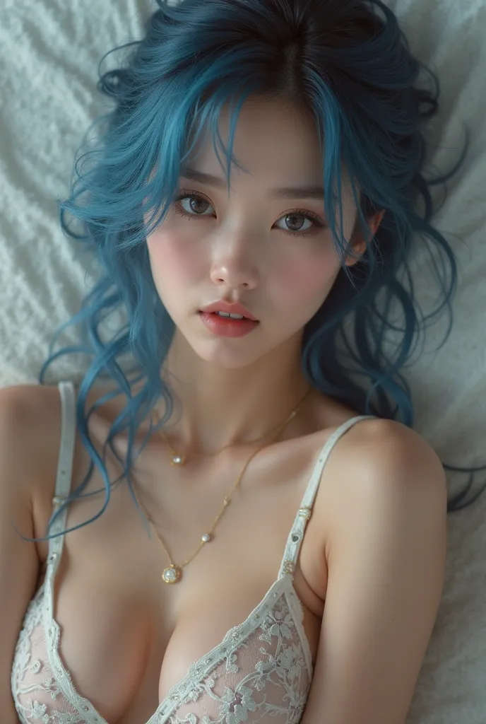 sexy young Asian woman with blue hair, realistic portrait, close-up facial, soft expression, sexy posture with panties and bra positions 