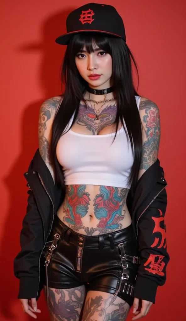 full body image ,
A futuristic-looking woman and cyberpunk, wearing edgy black clothes with red accents. x} He has long straight black hair with flat bangs, bright red eyes that appear to shine, as well as technology-themed accessories such as wires and me...