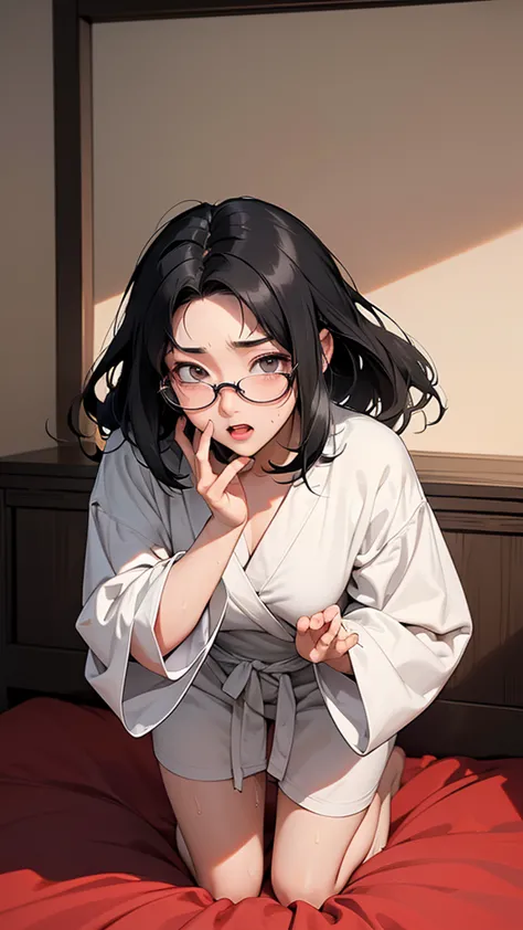 Anime style illustration: sister in a robe ,18 years old,  anime character , official character art, full body, женская аниме девушка сестра 18 years old, (black hair:1.5), (sunburnt:0.5), (Sweaty:1.2), glasses, on the bed, (cute posing :1.5), looks at vie...