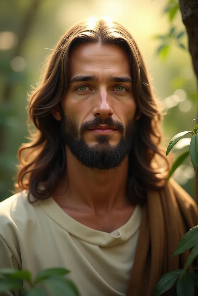 Jesus Christ looking at the camera and smiling in a beautiful setting 