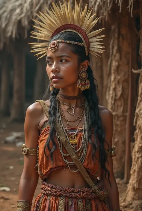 An intelligent  Aztec girl, who learns Nahuatl and is given in exchange to other Aztec chiefs in the form of a tribute for losing the war, but with a humble and realistic dress, The girl is talking to other slaves 