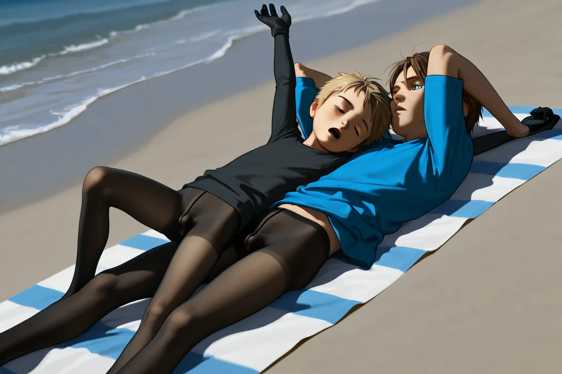 artwork,  crusade, two young adolescent boys, about s, They're sleeping lying on top of each other on a beach,  the boy from the bottom has his arms raised at shoulder height. your hair is blonde, his very detailed blue eyes, With a full tights in the colo...