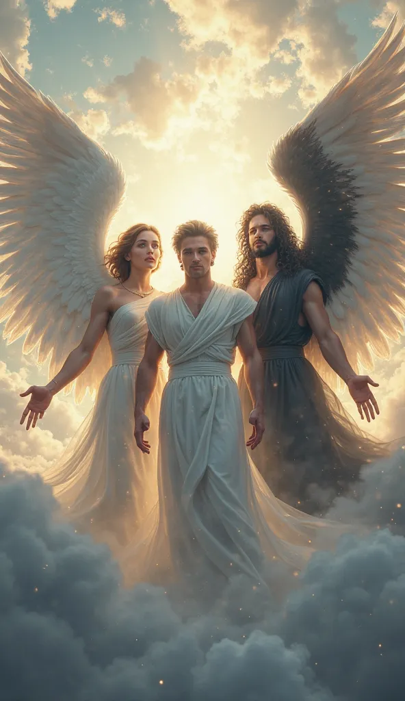 Picture of 3 angels men, two that have white wings and one that has black wings 