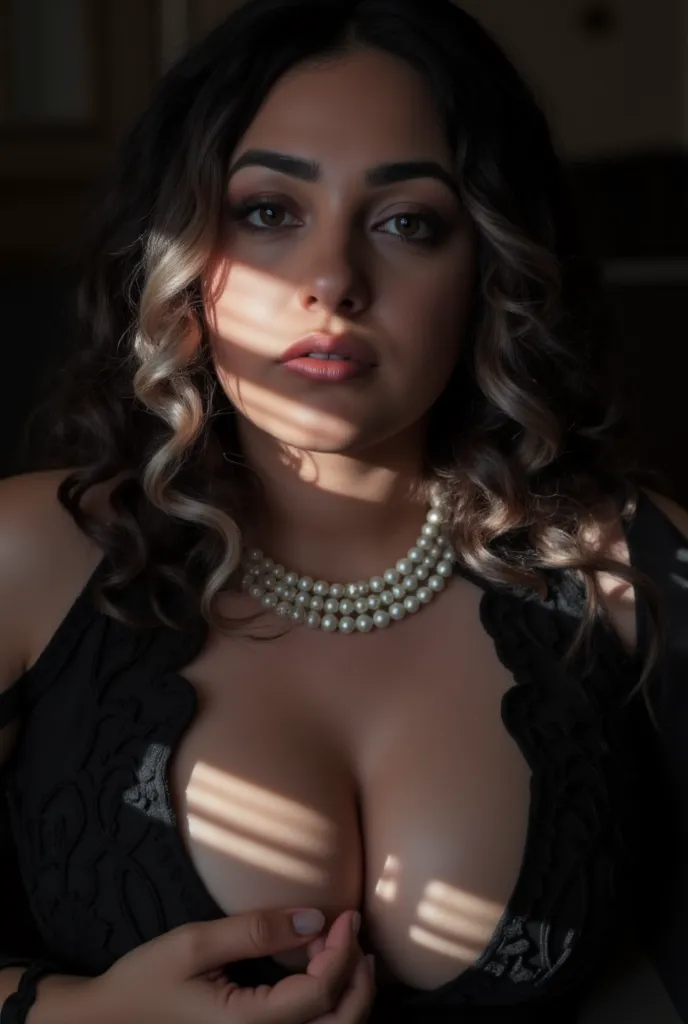 (((Deep clevage))),charming, desire, Obscene,  Mature Woman,  Captivating body lines  , ((     fine facial features , pearl neckless,eroticism, black hair)),    dramatic lighting   , Realistic, 8k,    Cinematic Composition ,  dark moody vibe   ,    Dramati...