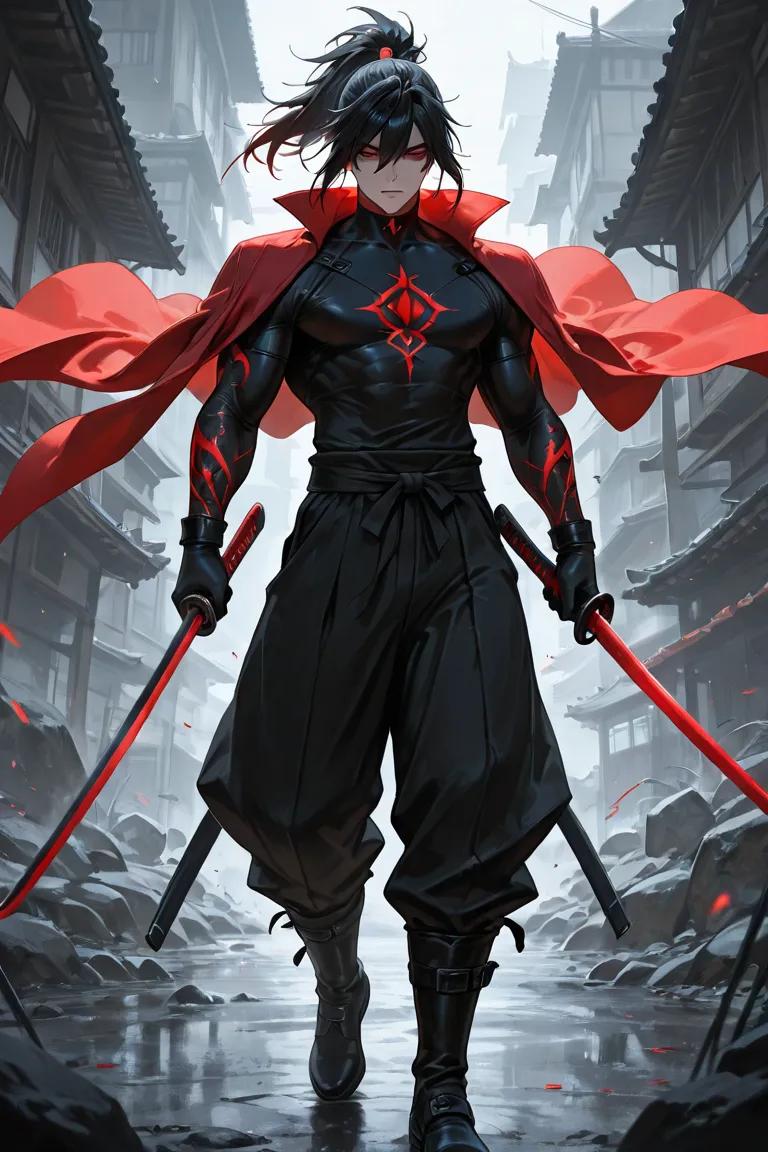 1male, male_focus, solo, muscular, 2D_anime, detailed_skin, black_hair, long_ponytail, black_eyelashes, crimson_eyes, black_shirt, black_pants, black_boots, red_short_cape, black_katana, beautiful, amazing, best_quality, amazing_quality, masterpiece, ultra...