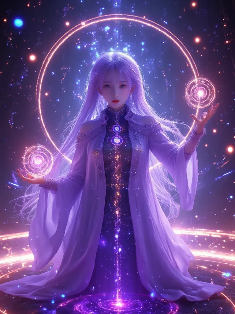 3D realistic style,Scattered golden text,White Purple Long Hair Flowing Japanese Female Magician,Transparent Cyclone Spheres Floating Empty in Hands,Five Neon Fires、ice、water、soil、Lyricism,Phantom Starry Glowing Transparent Rose Star Magic Rim，high resolut...