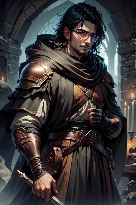 Guy wearing glasses, black cloak, fighter, fantasy , medieval