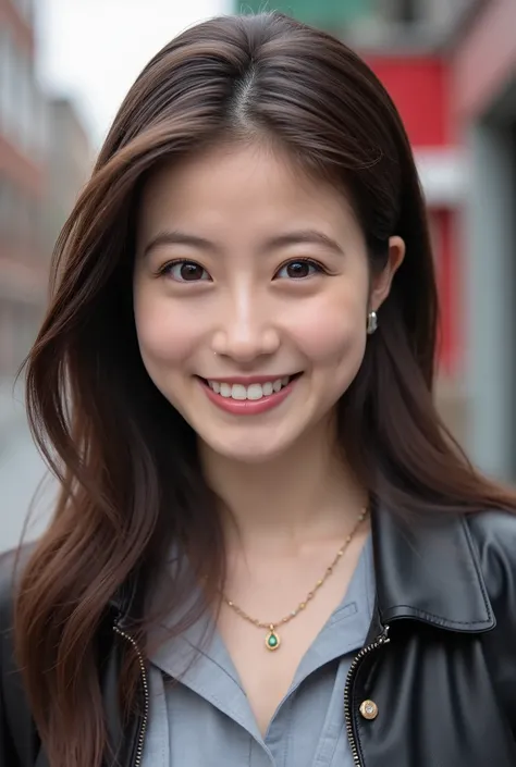 Beautiful young woman 、 Chinese women、 pale brown hair、Hairstyle Semi Long、wavy hair、、Necklace around the neck、、leather jacket、shirt、smile, Beautiful teeth alignment、Highlight teeth、 The background is the town、Ear piercing