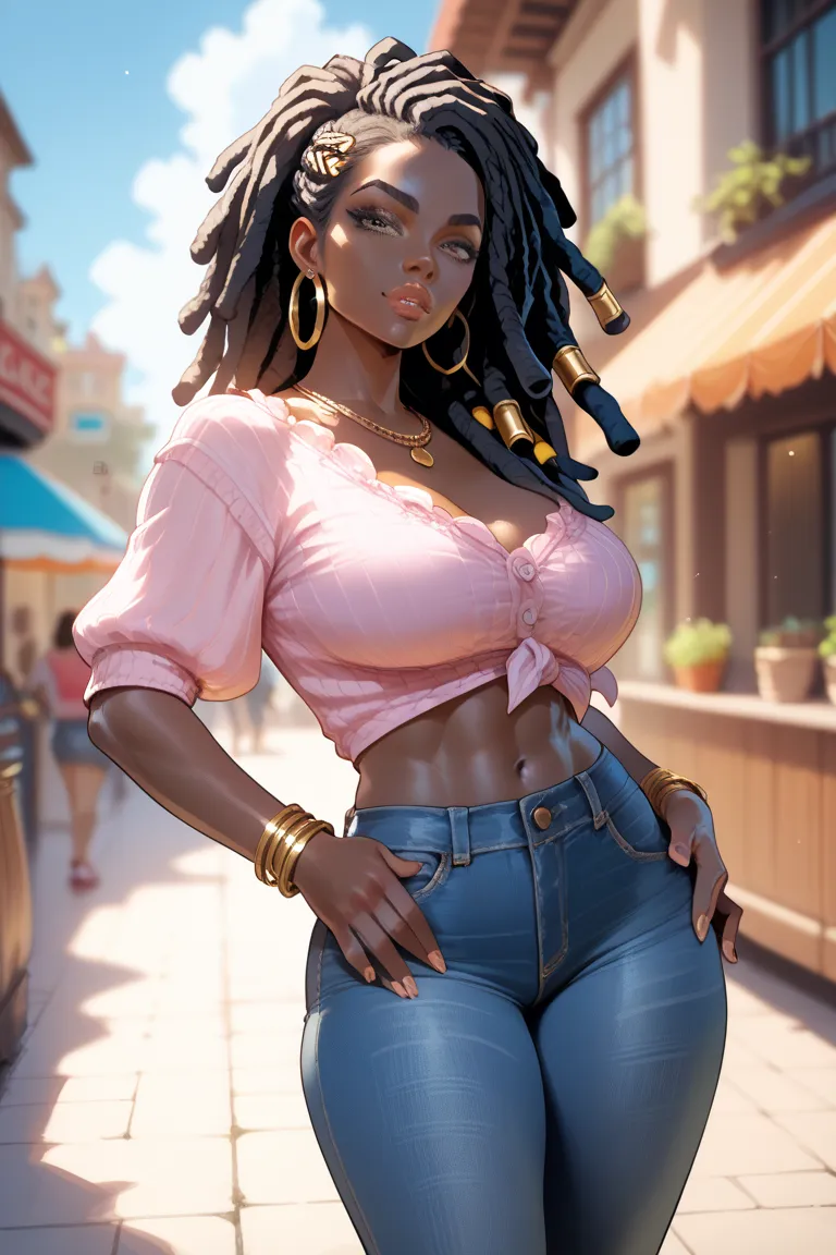 Sexy attractive mature woman with black skin, Black hair tied with dreadlocks, Wearing a thick pink blouse, skinny jeans, gold hoop earrings and gold bracelets 