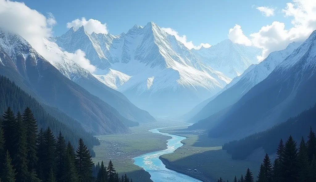 Aerial view of the snow-clad Himalayas, clouds drifting over the peaks, and the Mandakini River flowing through the valley.)