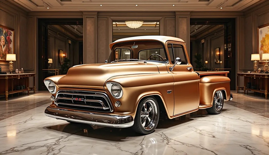 give me best and original views of Chevy Bel Air pickup truck for YouTube vedios with beautiful background of company logo name in a luxury showroom 