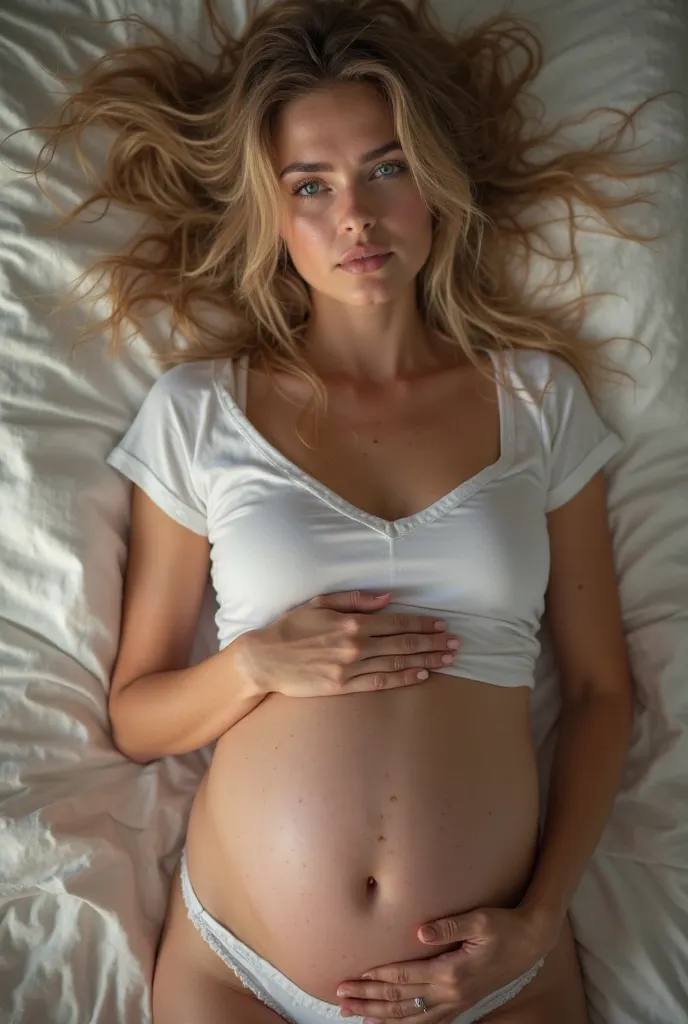 A beautiful white blonde blue eyed girl wearing a wet short white t-shirt and white panties in bed and pregnant