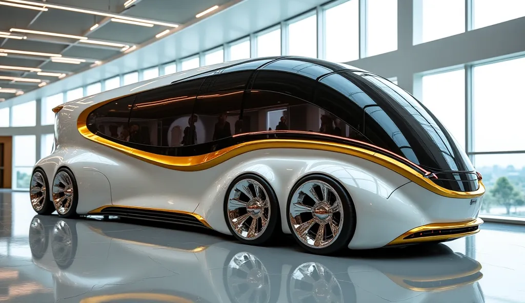 A futuristic luxury motorhome with a sleek, aerodynamic design, featuring a multi-level structure. The vehicle has a glossy white and gold color scheme, large tinted windows, and multiple wheels with intricate chrome rims. The design includes smooth curves...