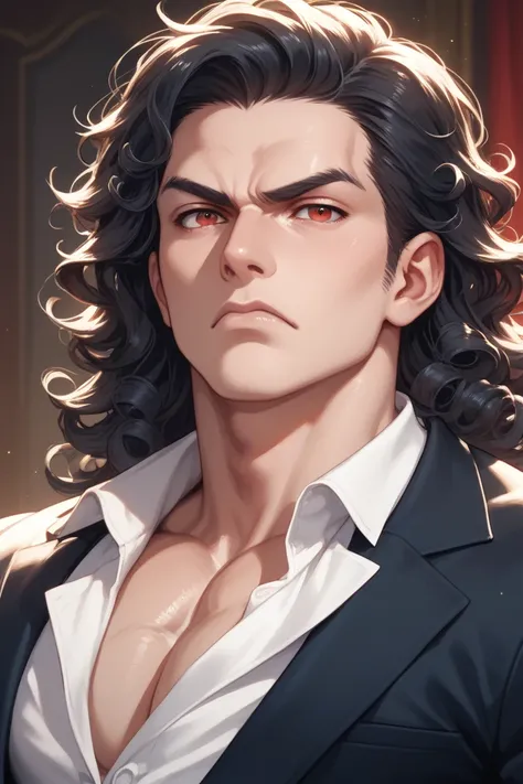 Create a scowling male vampire with red eyes, long curly black hair, pale skin and wearing a fancy suit. Muscular man