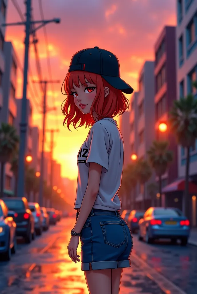 Beautiful female,black cap heads down lonely,on lonely beautiful orange sunset street, with the big name "Tatu Stanz "on her  shirt, heads up on rain, beautiful woman,  attractive,anime cartoon, on a blue streets,  short jeans skirt