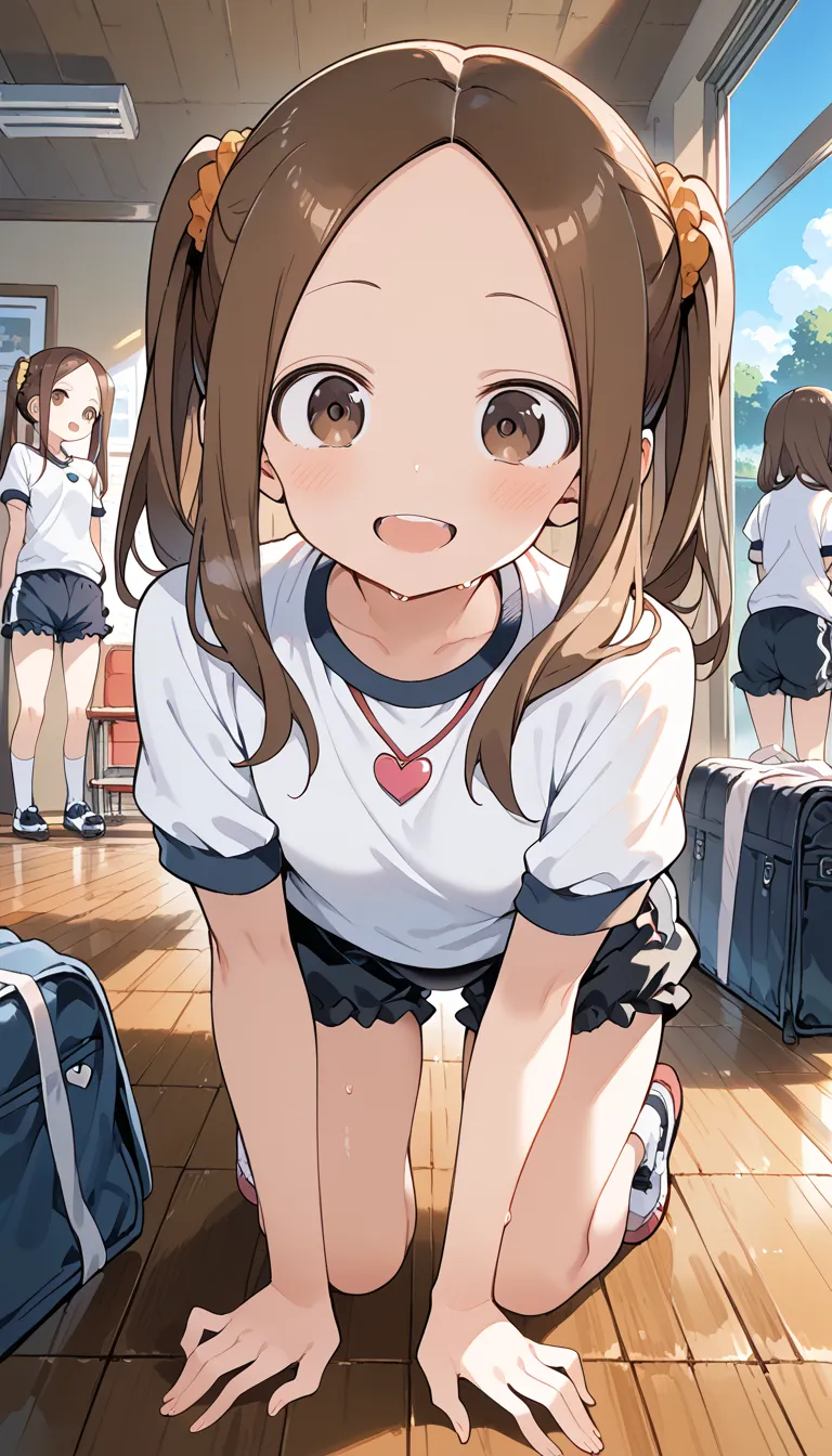 NSFW ((Takagi))Top Quality, (masterpiece:1.2), very well detailed,
Outdoors, cloud,
1 girl, alone, standing, is staring at the viewer,  open your mouth , smile, teeth,
brown hair, ponytails for beautiful people, brown eyes, scrunchie ,  heart necklace ,
,(...