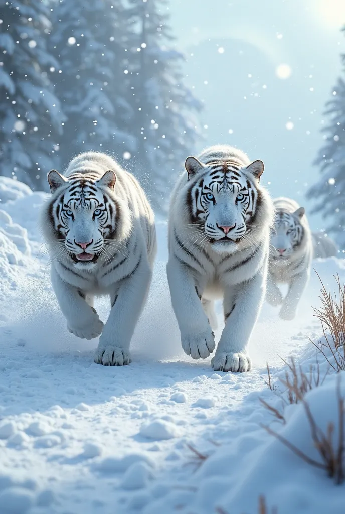  covered in snow,  giant white tigers against the background {x} frozen earth in the background、A big white tiger rushing ahead with blue eyes。Strong composition、dynamic scene where ice and snow soar。A world of severe cold and fantasy await。」