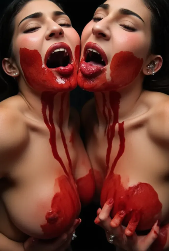 Top view Upper body Shot of twins. Oface moaning expression. Chin covered in blood. Nude tits face covered in blood. Mouths open long tongue extended. Nude. They are tongue kissing 