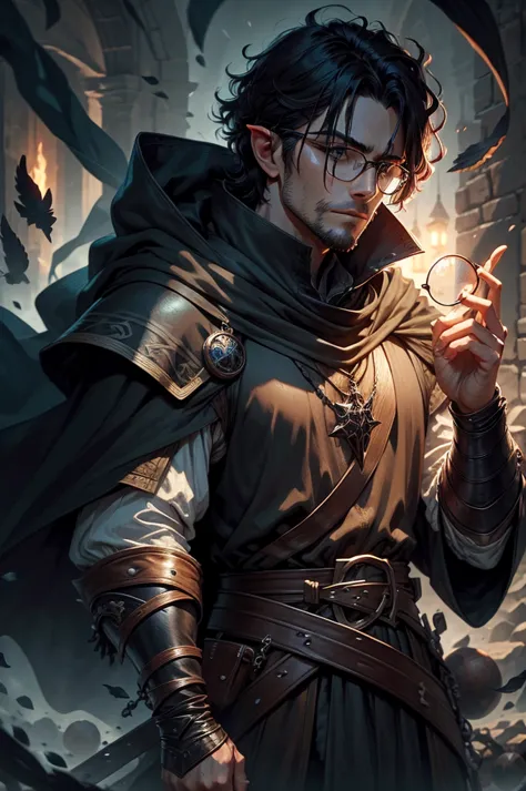 Guy wearing broken glasses, black cloak, fighter, fantasy , medieval