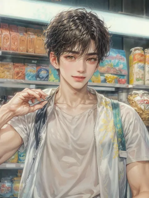 (absurdres, highres, ultra detailed, HDR), masterpiece, perfect faces, detailed faces, intricate details, extremely detailed background scenery, best quality close-up picture, orange eyes, korean boy, smile,   boy guy male man , art by kenouji 